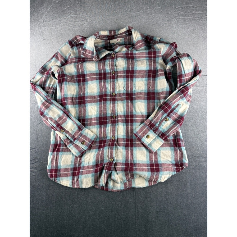 SO Womens Small Plaid Flannel Button Down Shirt Burgundy Teal 100% Cotton RP15